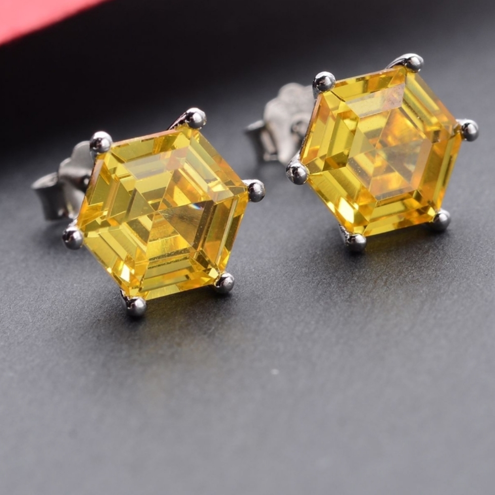 Yellow CZ Solitaire Stud Earrings in Platinum Over Sterling Silver 7.00 ctw.